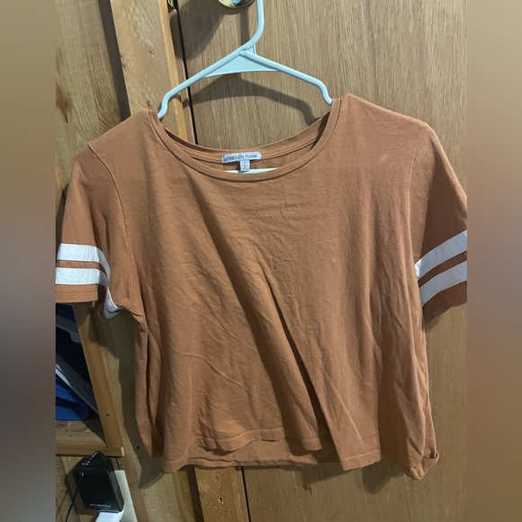 Brown Short Sleeve cropped Top with White Stripes - Picture 1 of 3